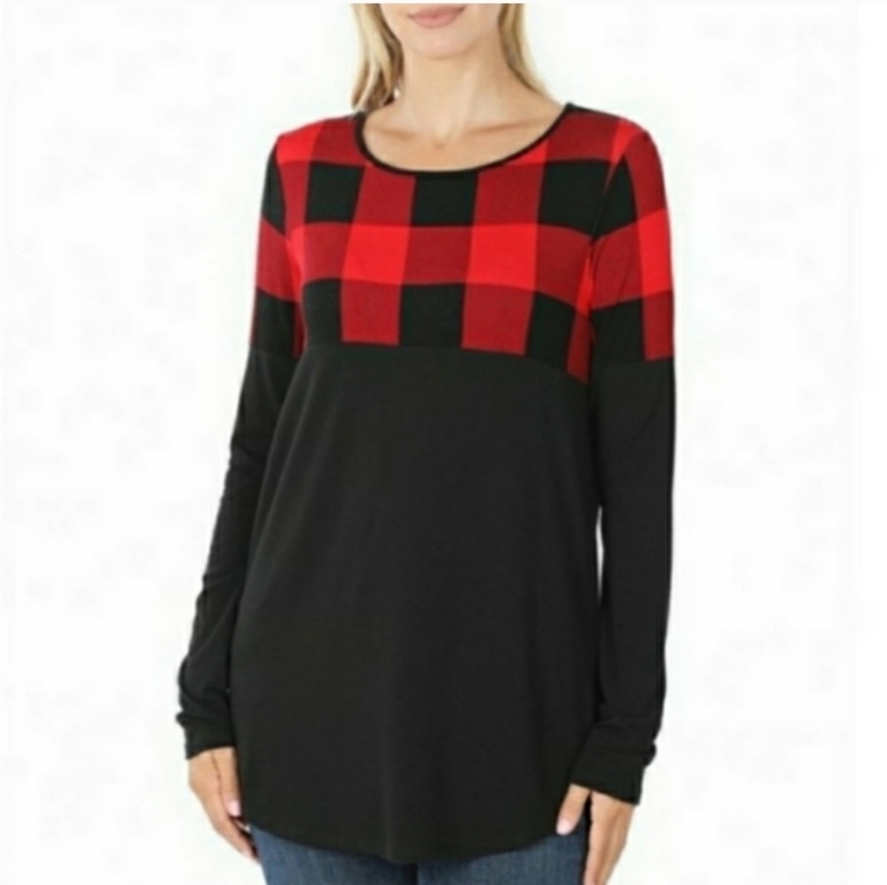 Zenana Plaid Round Neck Colorblock Long Sleeve Top